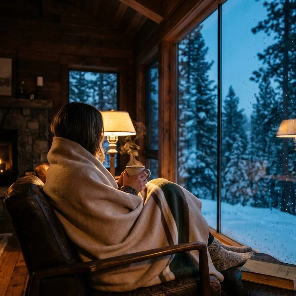 Plaid à bandes olive et caramel enveloppant une personne dans un fauteuil, intérieur en bois et forêt enneigée