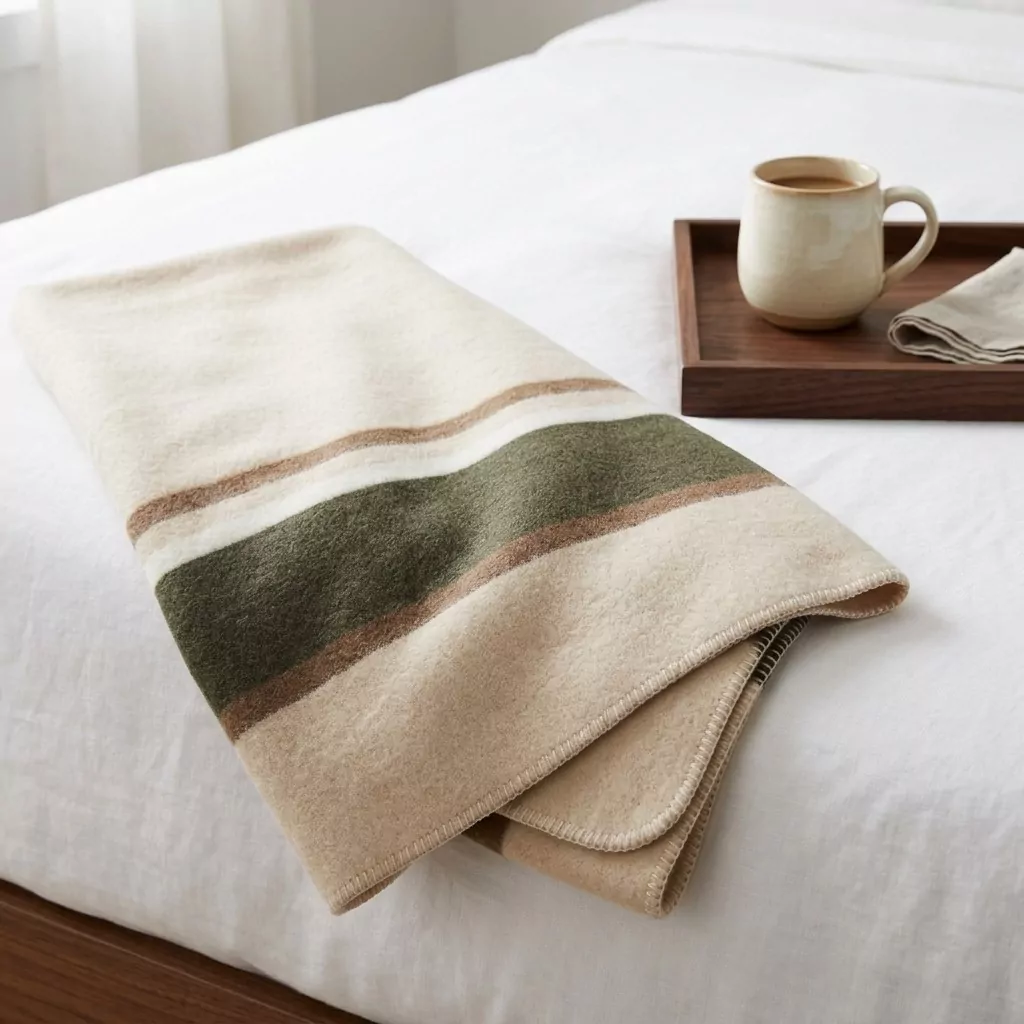 Plaid à bandes olive et caramel posé sur un lit en lin blanc, plateau en bois avec une tasse, bord en point de feston