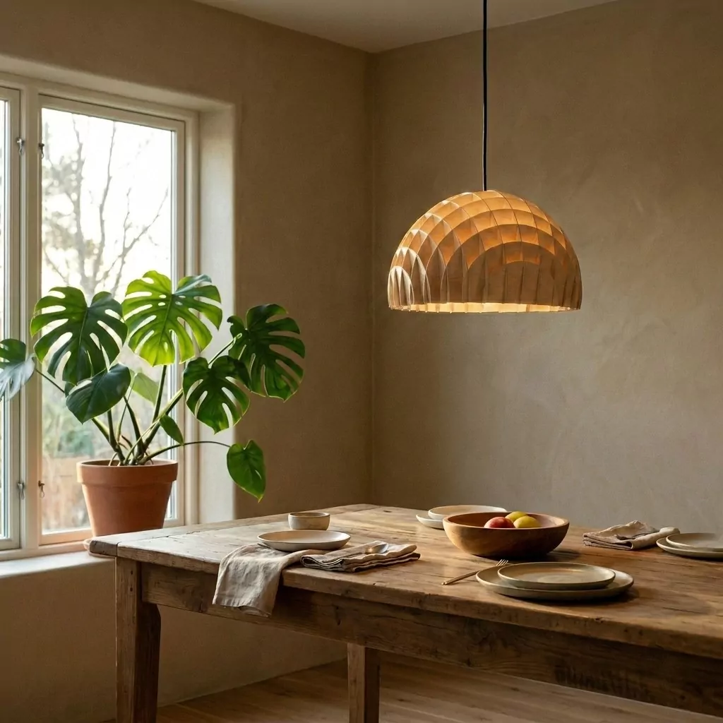 Suspension en bois clair au-dessus d'une table en bois brut dressée, grande plante en pot et murs en enduit beige