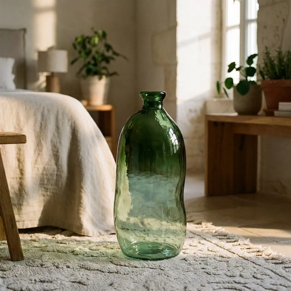 Vase de sol en verre vert dans une chambre aux murs en pierre chaulée, lit en lin et tapis crème à franges