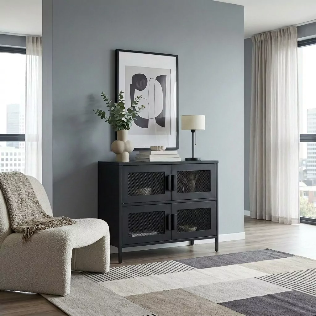 Buffet bas en acier noir mat à portes en grillage losange dans un salon gris, affiche abstraite et fauteuil bouclé écru