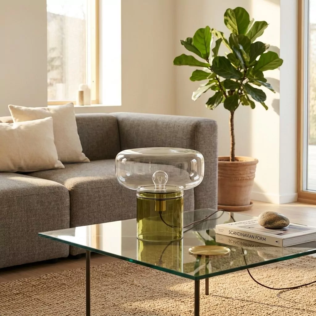 Lampe à poser à base verte et dôme transparent sur une table basse en verre, canapé gris, plante verte et tapis en fibres