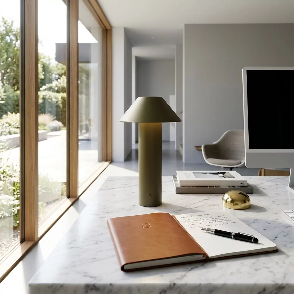 Lampe à poser vert olive mat sur un bureau en pierre claire veinée, près d'une grande fenêtre en bois, carnet en cuir