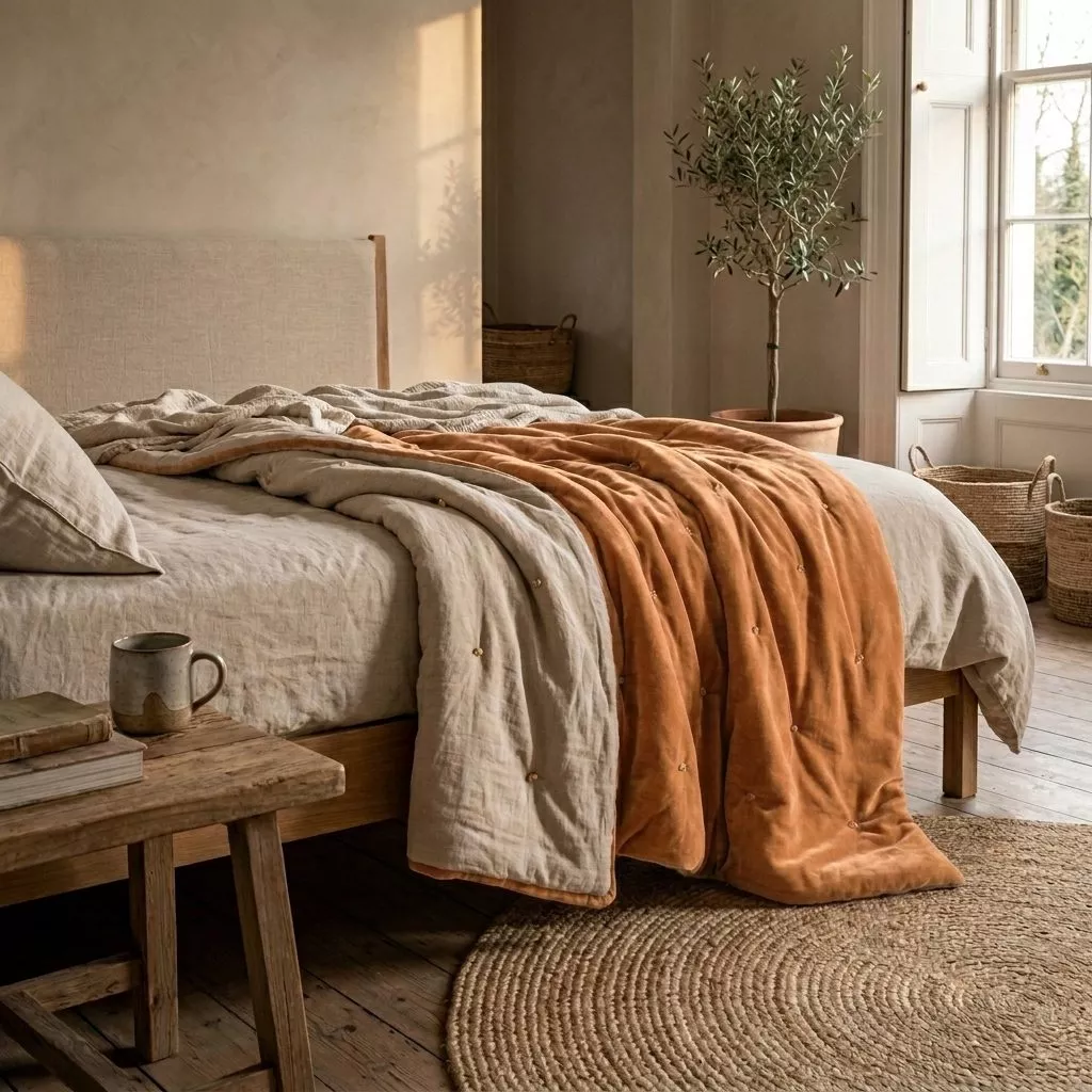 Plaid en velours de coton terracotta sur linge de lit lin écru, chambre épurée bois clair, suspension scandinave et art graphique mural
