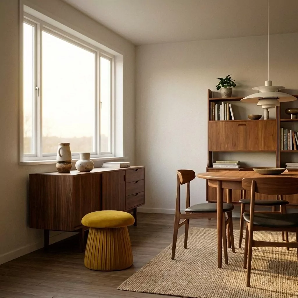 Pouf en velours moutarde dans un coin repas scandinave, mobilier en bois chaud, suspension blanche et tapis en jute