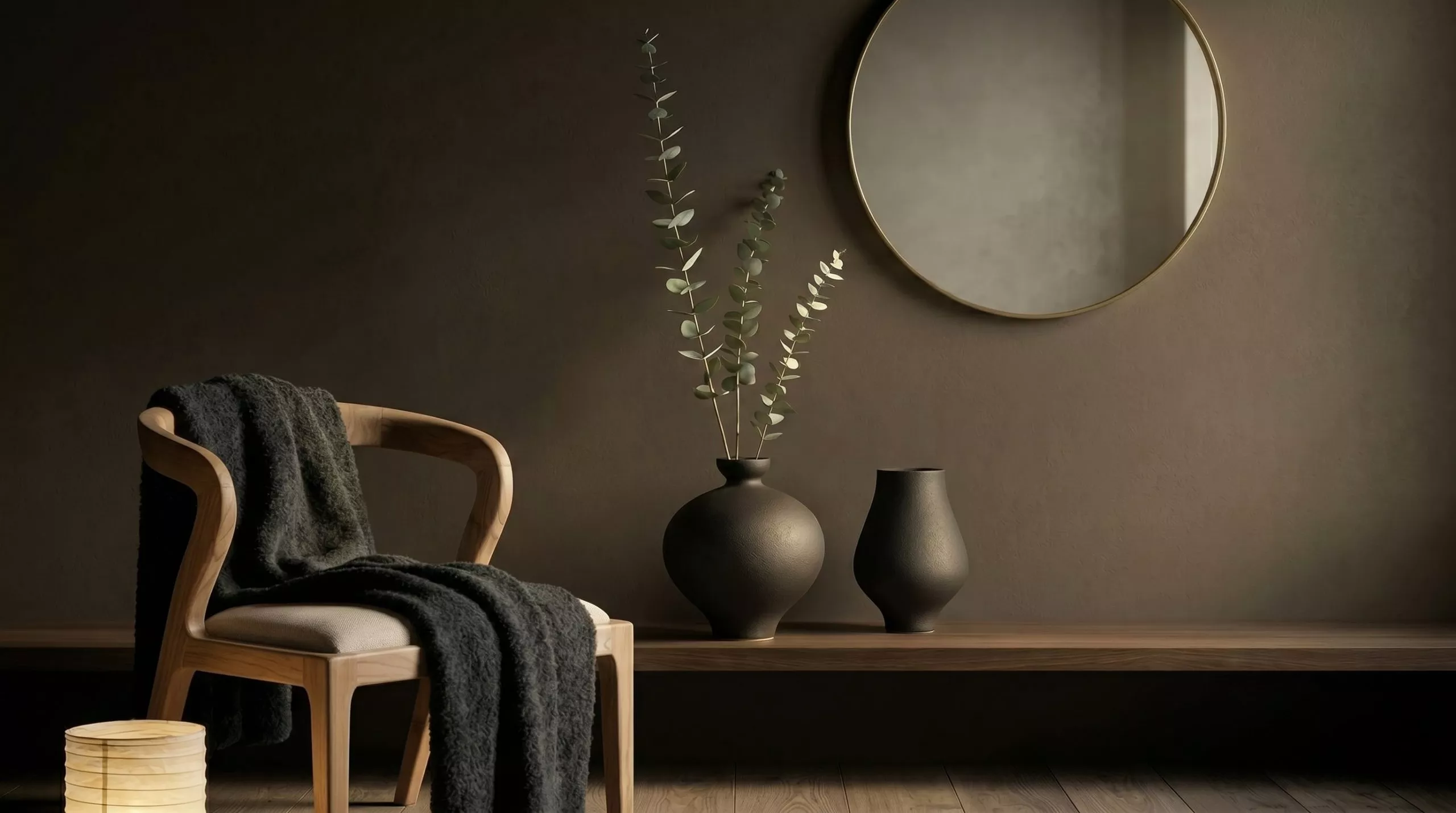 Duo de vases Zian en céramique noire mate avec branches d'eucalyptus, console murale en noyer, miroir rond doré, chaise Febeda en teck massif avec plaid laineux gris drapé, lampe papier de riz au sol, mur enduit brun foncé chaud