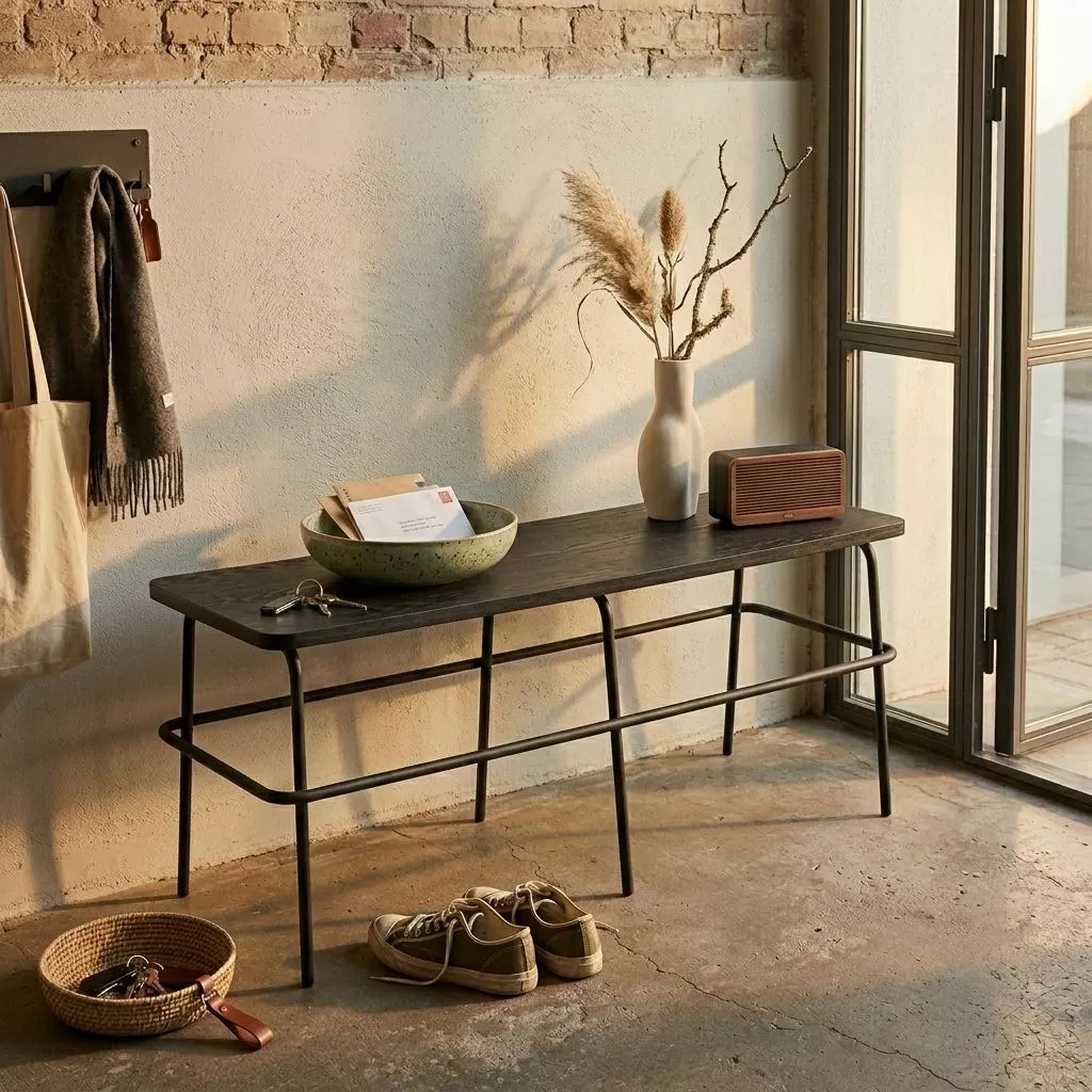 Banc en frêne noir et métal posé dans une entrée aux murs de brique apparente, bol céramique et vase clair sur le plateau