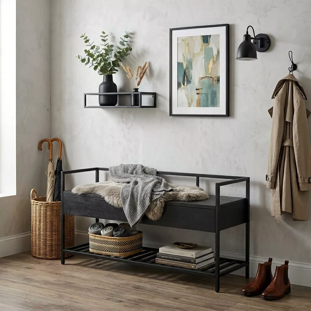 Banc coffre noir métal et bois laqué dans une entrée, mur enduit gris, peau de mouton et plaid tricoté gris sur l'assise