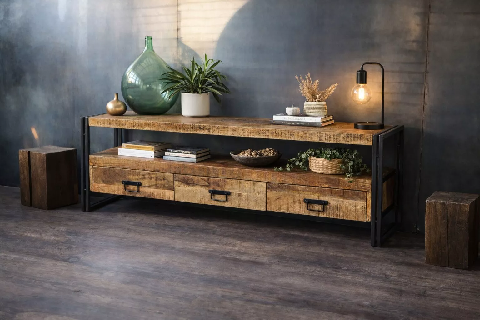 Buffet bas en bois tropical et acier noir contre un mur métallique sombre, dame-jeanne en verre, plante et lampe à poser