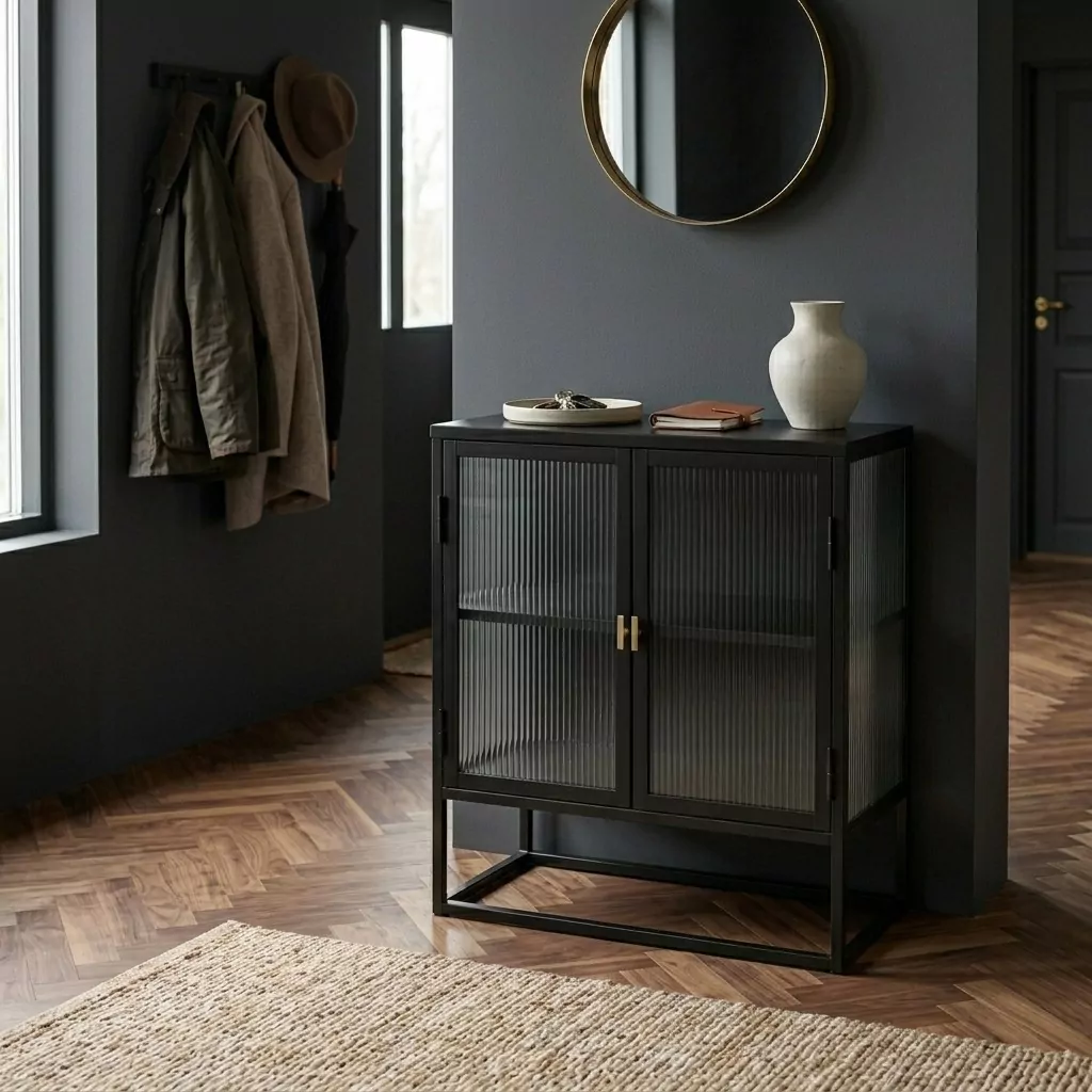 Buffet vitrine noir en acier et verre nervuré, poignées dorées, entrée aux murs sombres, parquet en chevrons et miroir rond