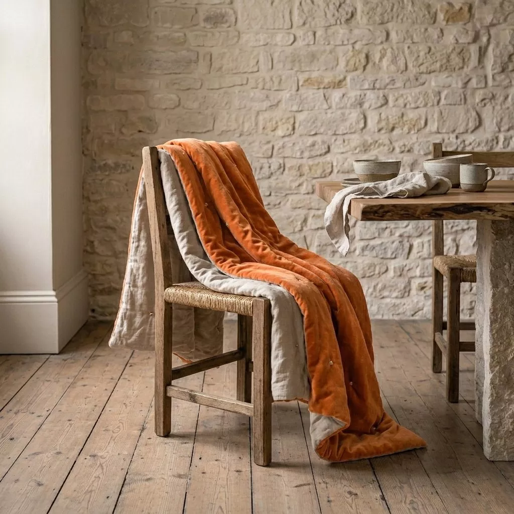 Plaid en velours de coton terracotta posé sur canapé lin gris, atelier reconverti verrière métal noir, accent cuir cognac