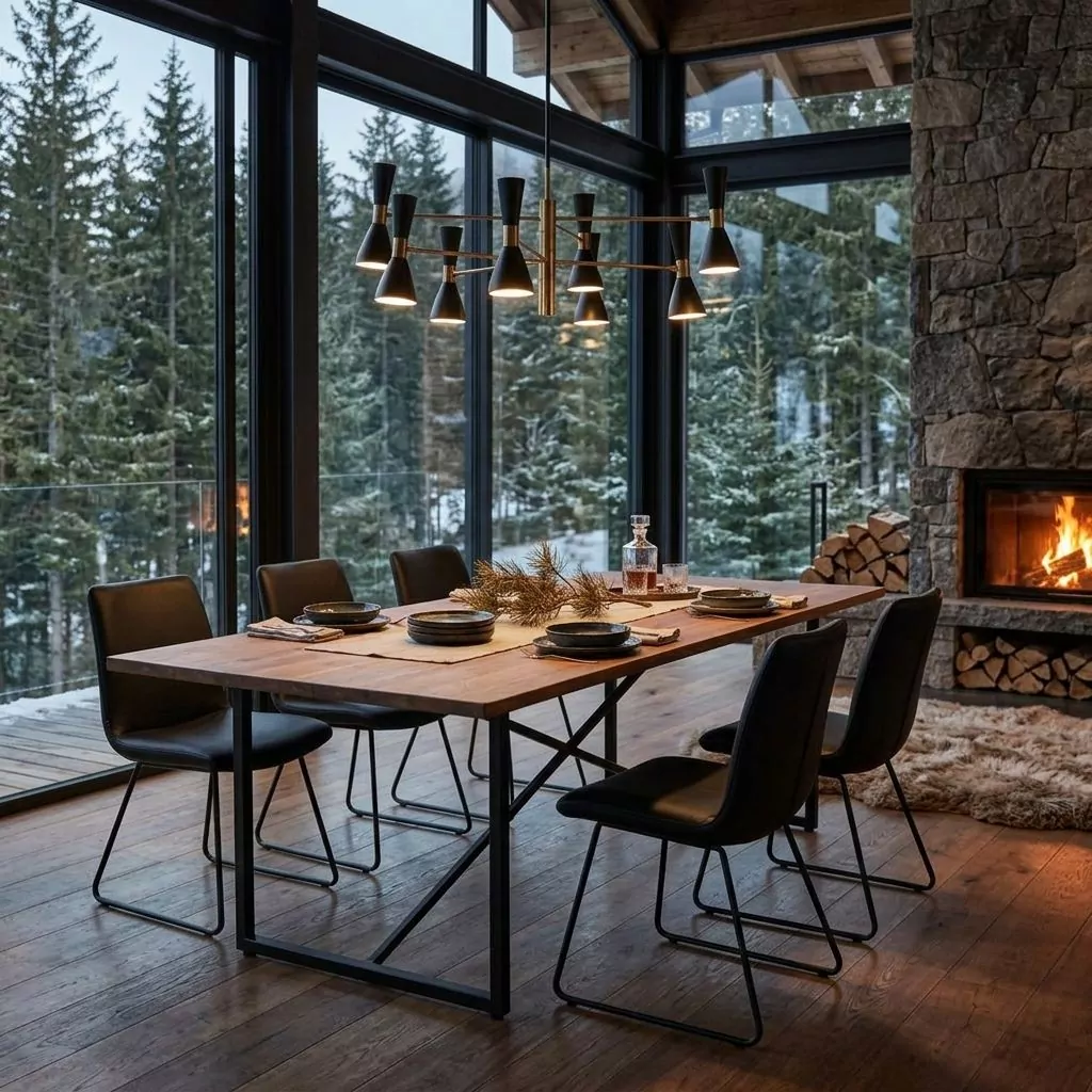 Table à manger en teck et métal noir dans un chalet, chaises en cuir brun et cheminée en pierre face à la forêt