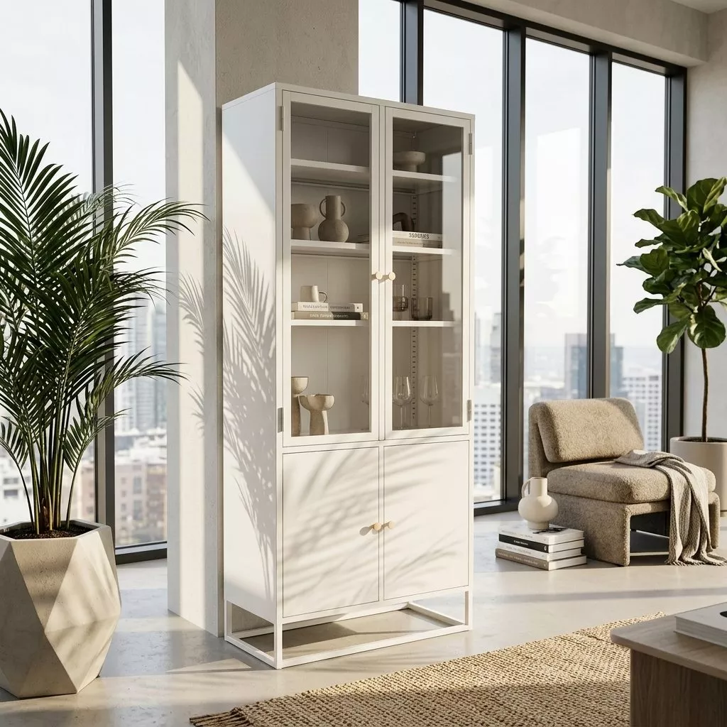 Vitrine métal blanche entre deux baies vitrées au sol béton, fauteuil en bouclette crème et grandes plantes en pot