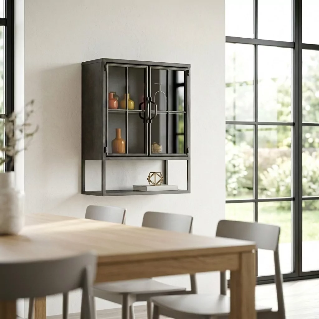 Vitrine murale en fer noir à portes vitrées et croisillons, mur clair près de fenêtres en métal et table en bois clair
