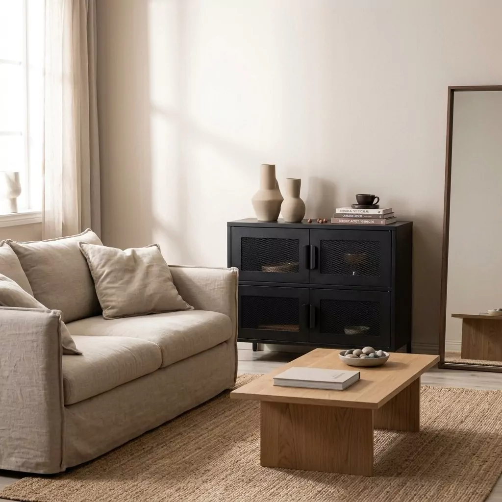 Buffet bas en acier noir mat à portes en grillage losange dans un salon en lin beige, vases en grès et tapis en jute