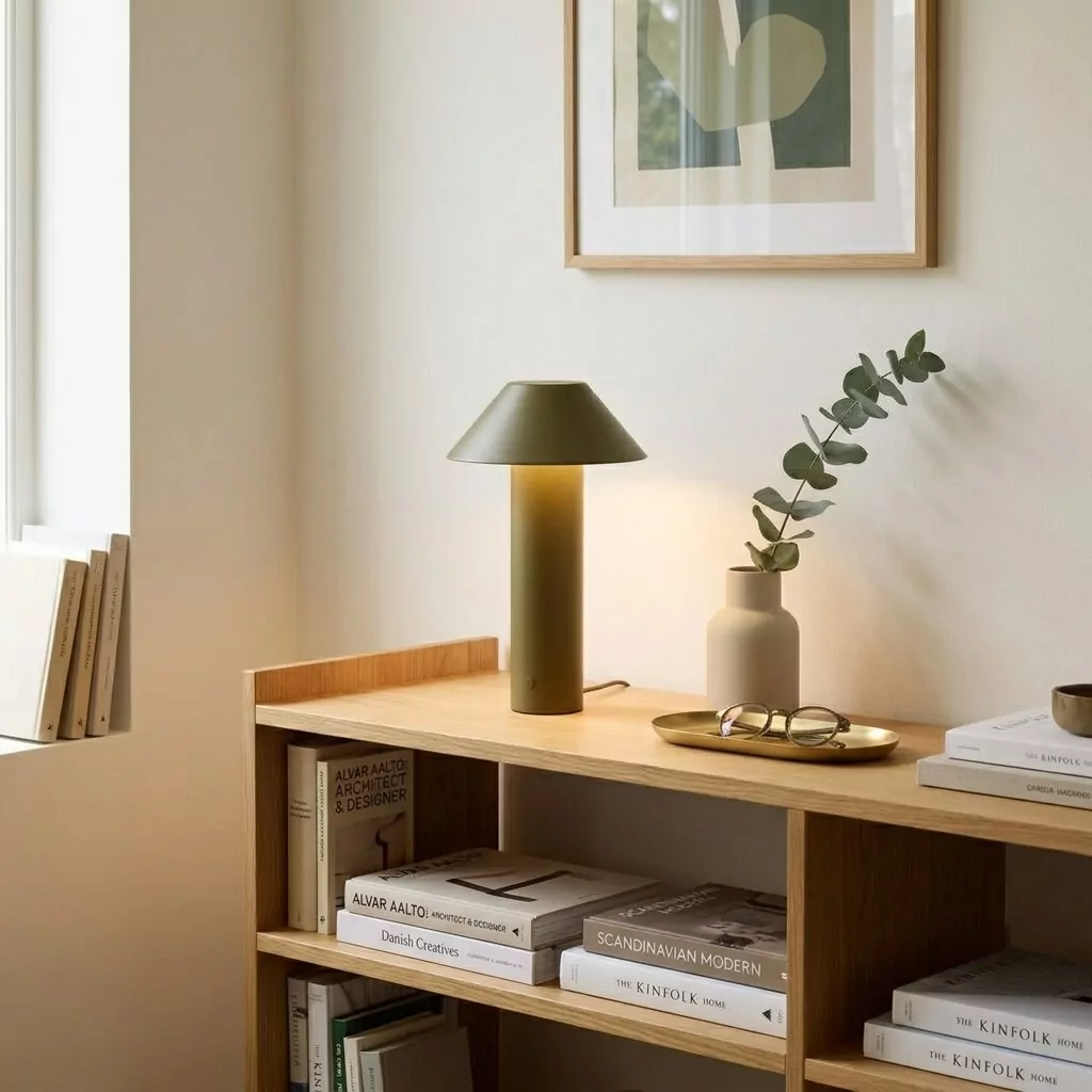 Lampe à poser vert olive mat sur une étagère en bois clair, branche de feuillage dans un vase en grès, ambiance épurée