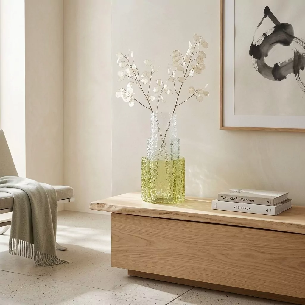 Trois vases en verre texturé empilés, du transparent au vert olive, garnis de branches séchées sur un meuble en bois clair
