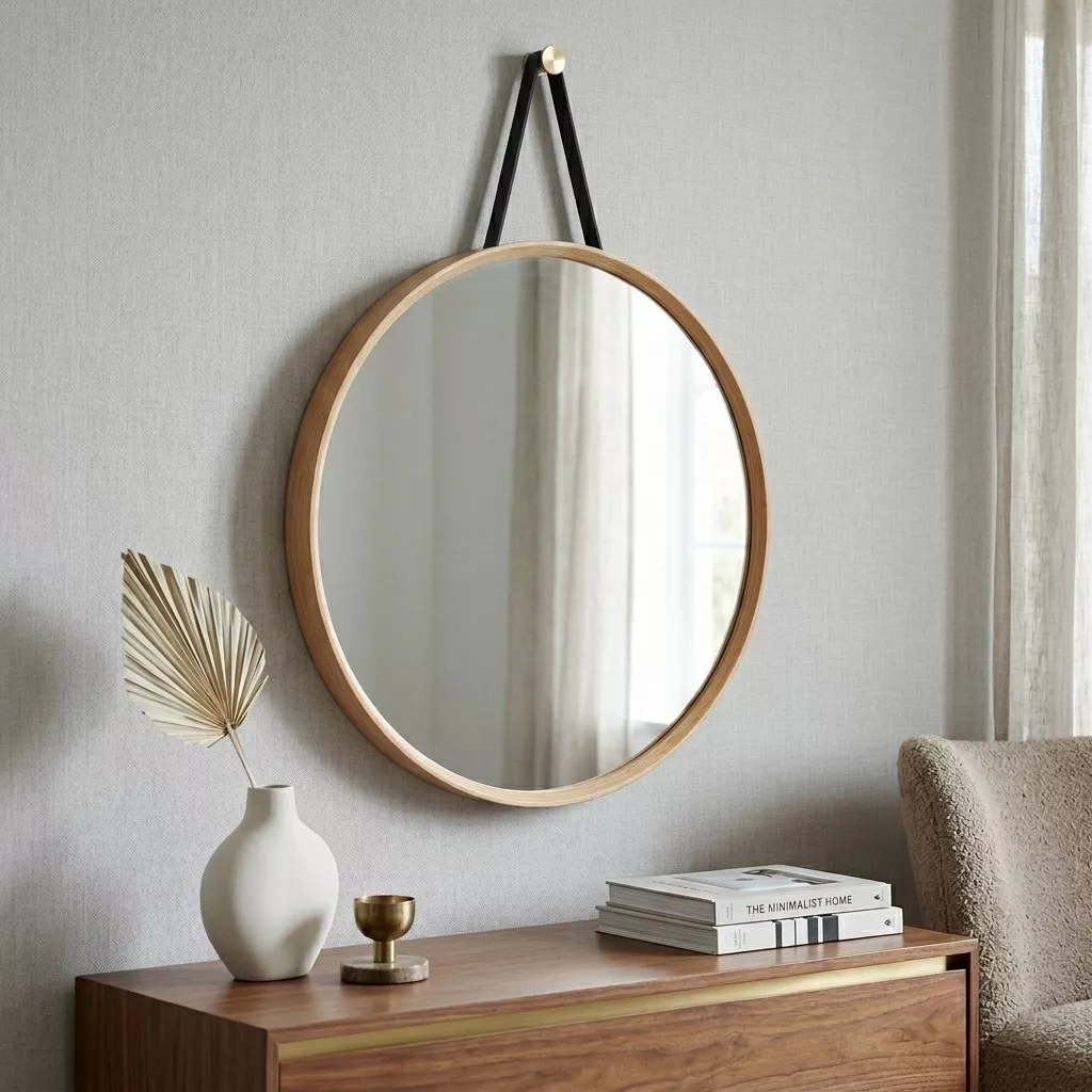 Miroir rond bambou suspendu à une lanière cuir, console en noyer, vase clair et feuille séchée, ambiance japandi