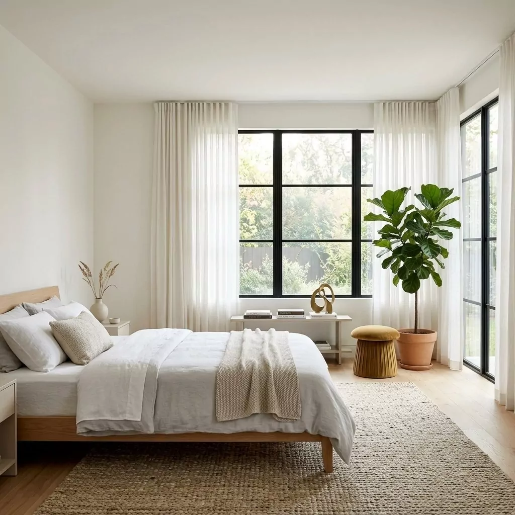 Pouf en velours moutarde au pied d'un lit en bois clair, chambre claire et apaisée, grande plante verte et tapis en jute