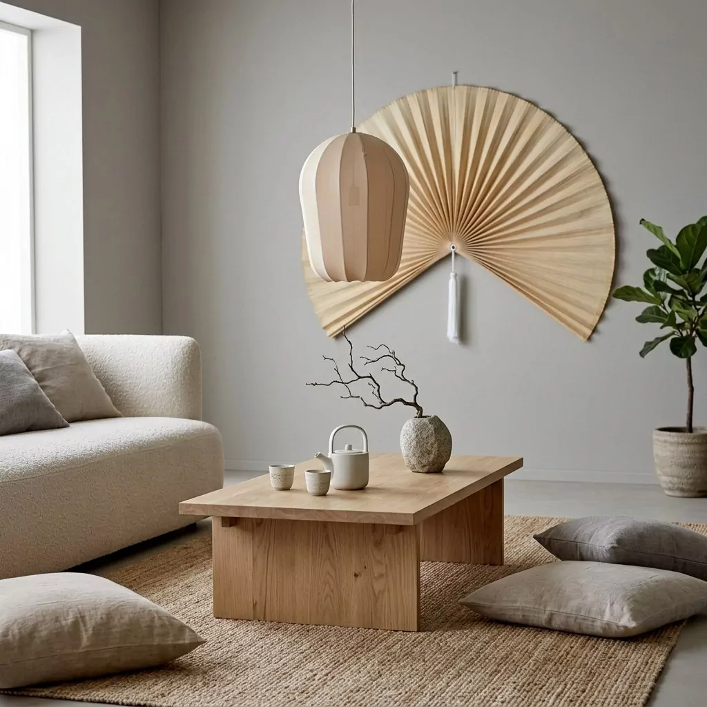 Suspension en tissu beige tricoté au-dessus d'une table basse en bois clair, canapé bouclé écru et tapis en jute