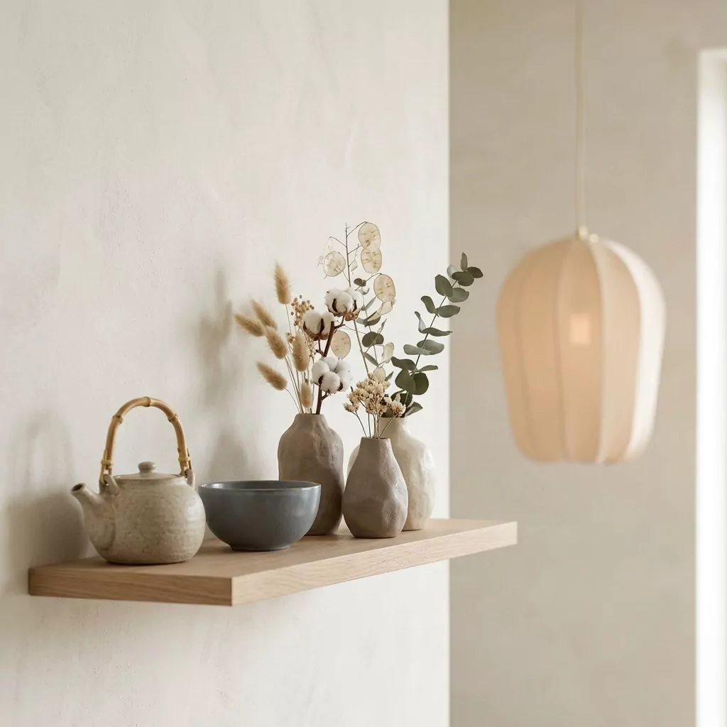 Suspension en tissu beige tricoté près d'une étagère en bois clair garnie de poteries et de fleurs séchées