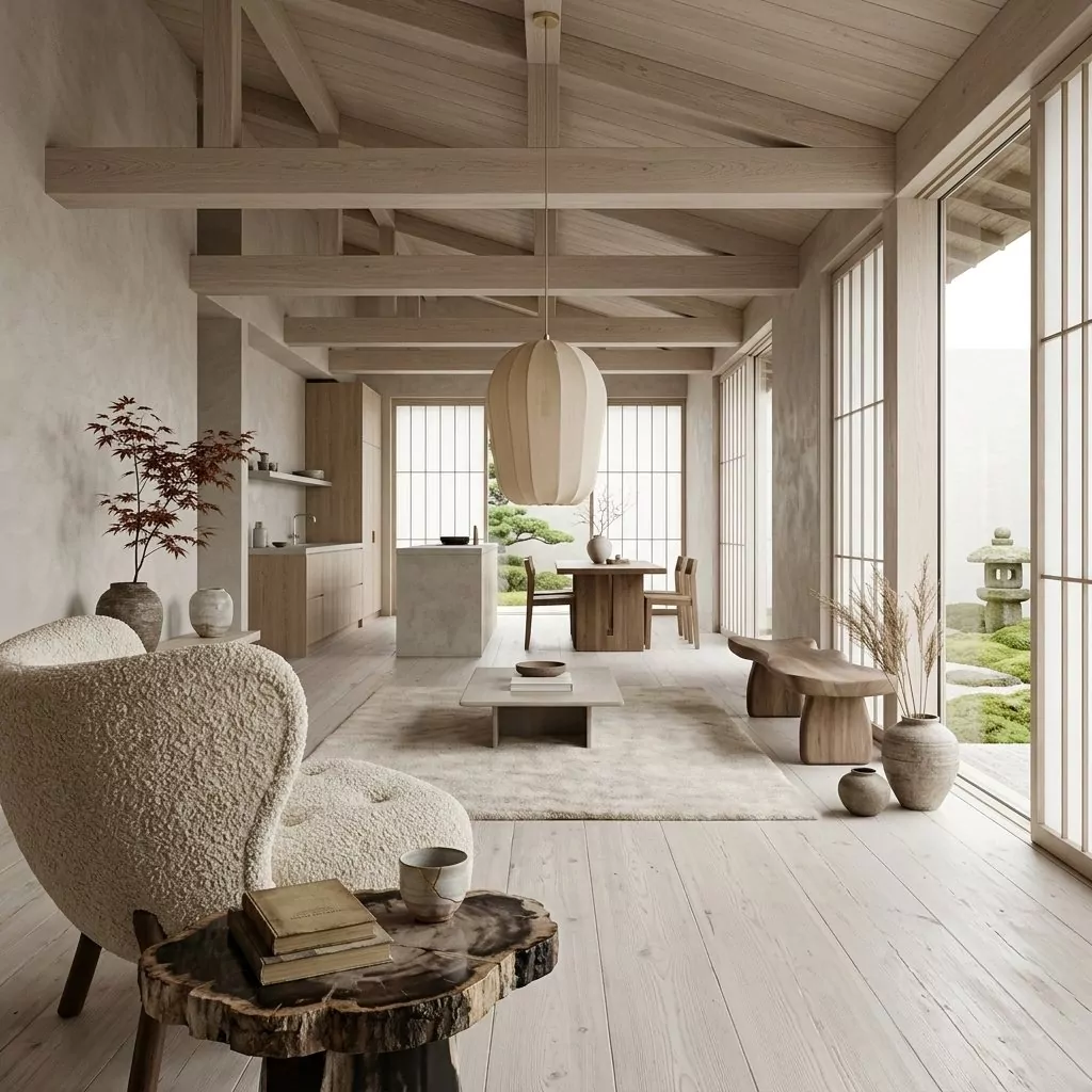 Suspension en tissu beige tricoté dans un grand séjour à la charpente en bois clair, baies vitrées et jardin zen