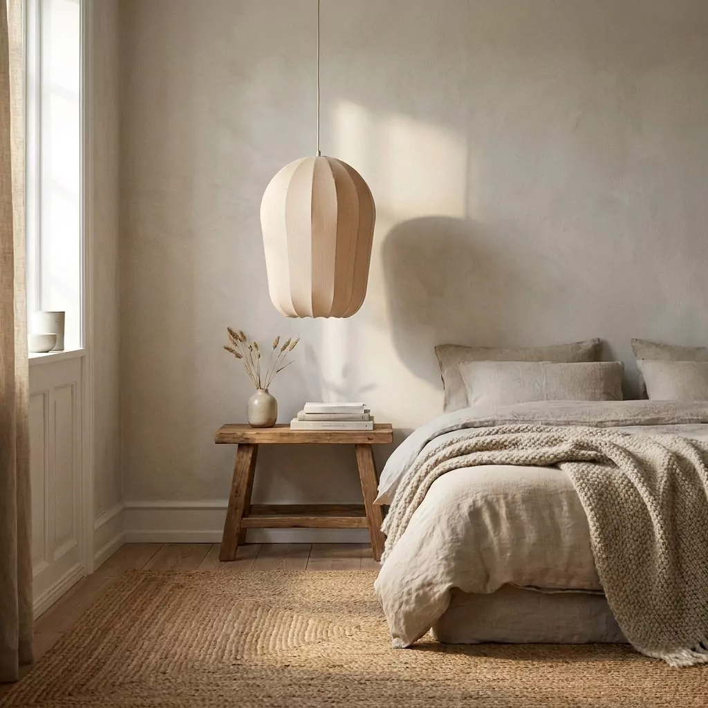 Suspension en tissu beige tricoté dans une chambre, linge de lit en lin beige, banc en bois brut et tapis en jute