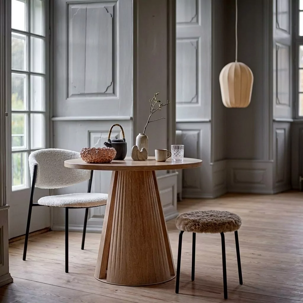 Suspension en tissu beige tricoté près d'une table ronde en bois clair, chaise bouclée écru et murs à panneaux gris