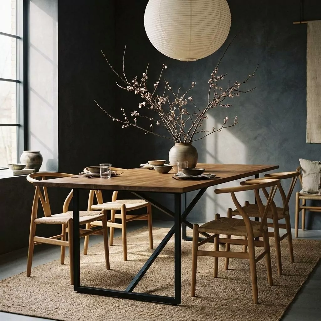 Table à manger en teck et métal noir, chaises en bois clair à assise tressée, mur foncé et suspension boule en papier