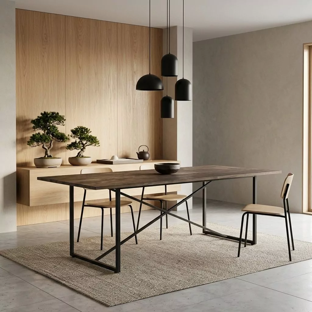 Table à manger en teck sur piétement métal noir, salle épurée à lambris bois clair, suspensions noires et tapis naturel