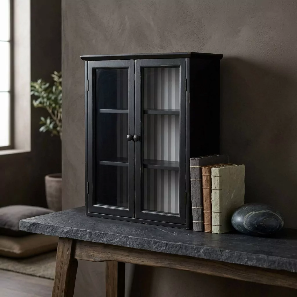 Vitrine en pin teinté noir patiné mat à façade vitrée posée sur une table en pierre brute, livres reliés et galet sombre