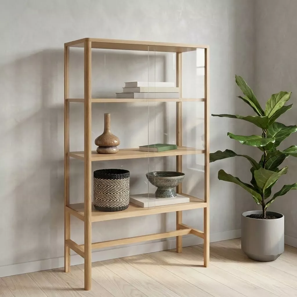Vitrine chêne et verre coulissante contre mur clair, panier tressé chevron, vase et bol en céramique posés sur les étagères