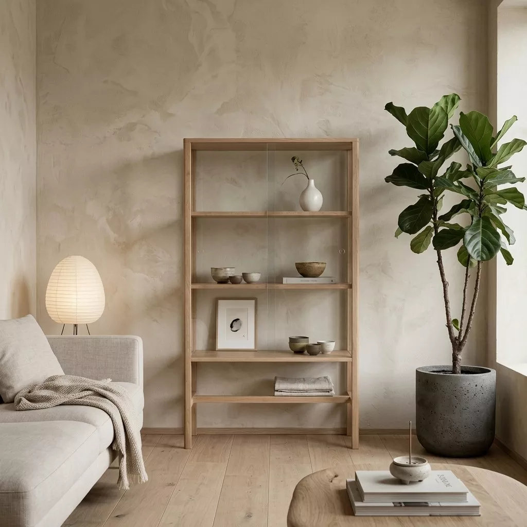 Vitrine chêne et verre coulissante dans un salon épuré, lampe en papier japonaise, canapé crème et plaid en lin en fond