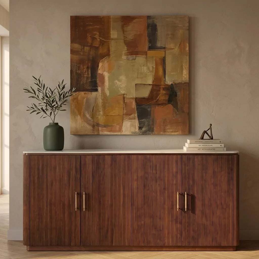 Buffet en noyer cannelé et plateau effet marbre, mur en enduit chaud et grande toile abstraite aux tons terreux