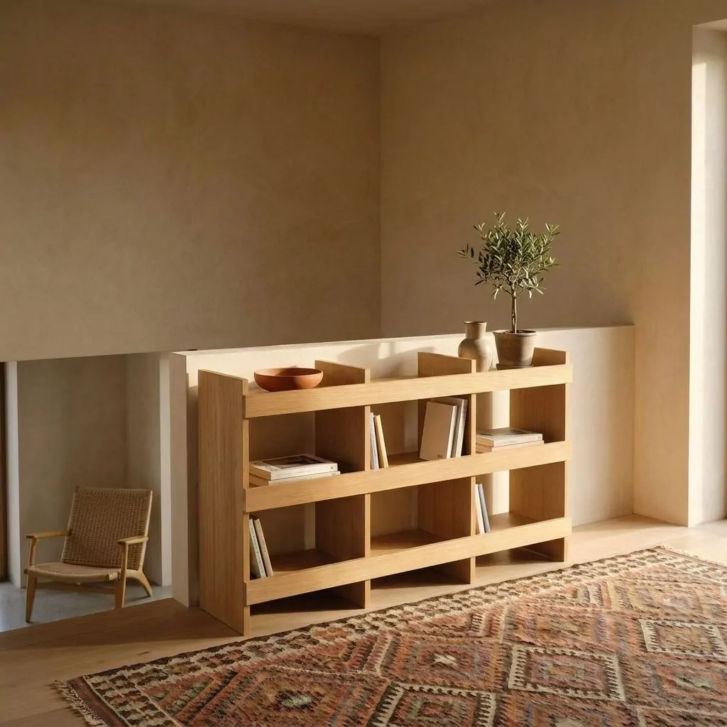 Étagère basse en chêne clair en séparateur de pièce, dessus en terre cuite et arbuste en pot, murs en enduit beige