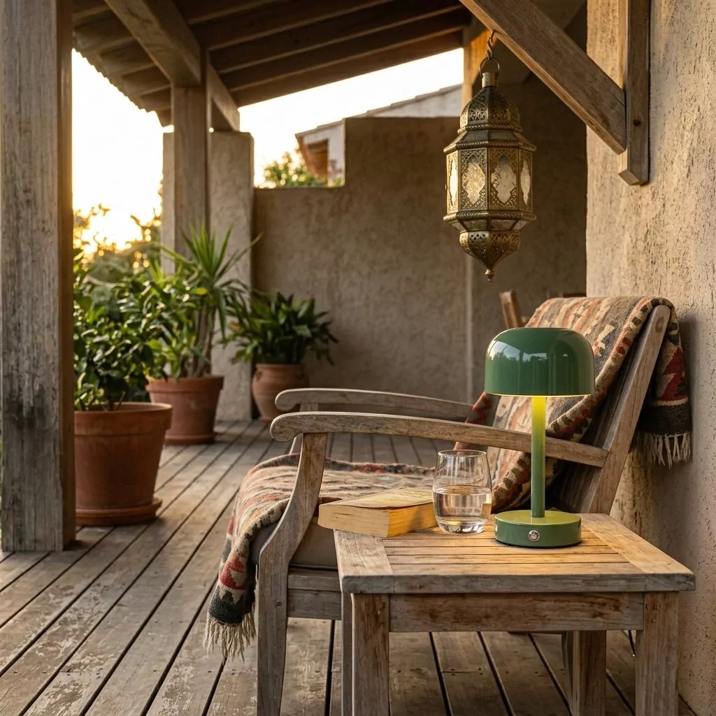 Lampe champignon en fer laqué vert sur une table en bois, lanterne ajourée et pots en terre cuite, terrasse méditerranéenne