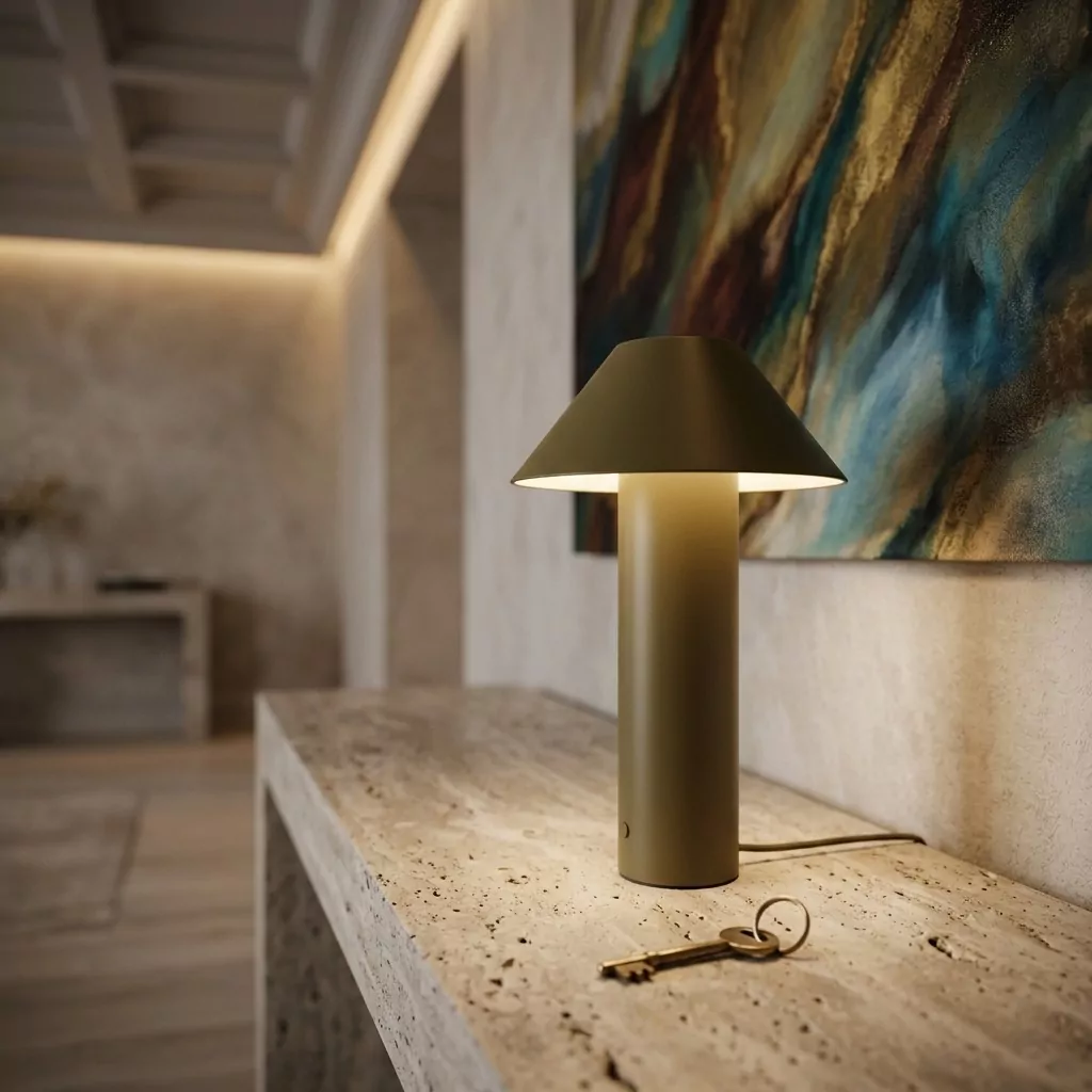 Lampe à poser vert olive mat allumée sur une tablette en pierre claire, mur en enduit et toile abstraite, lumière chaude