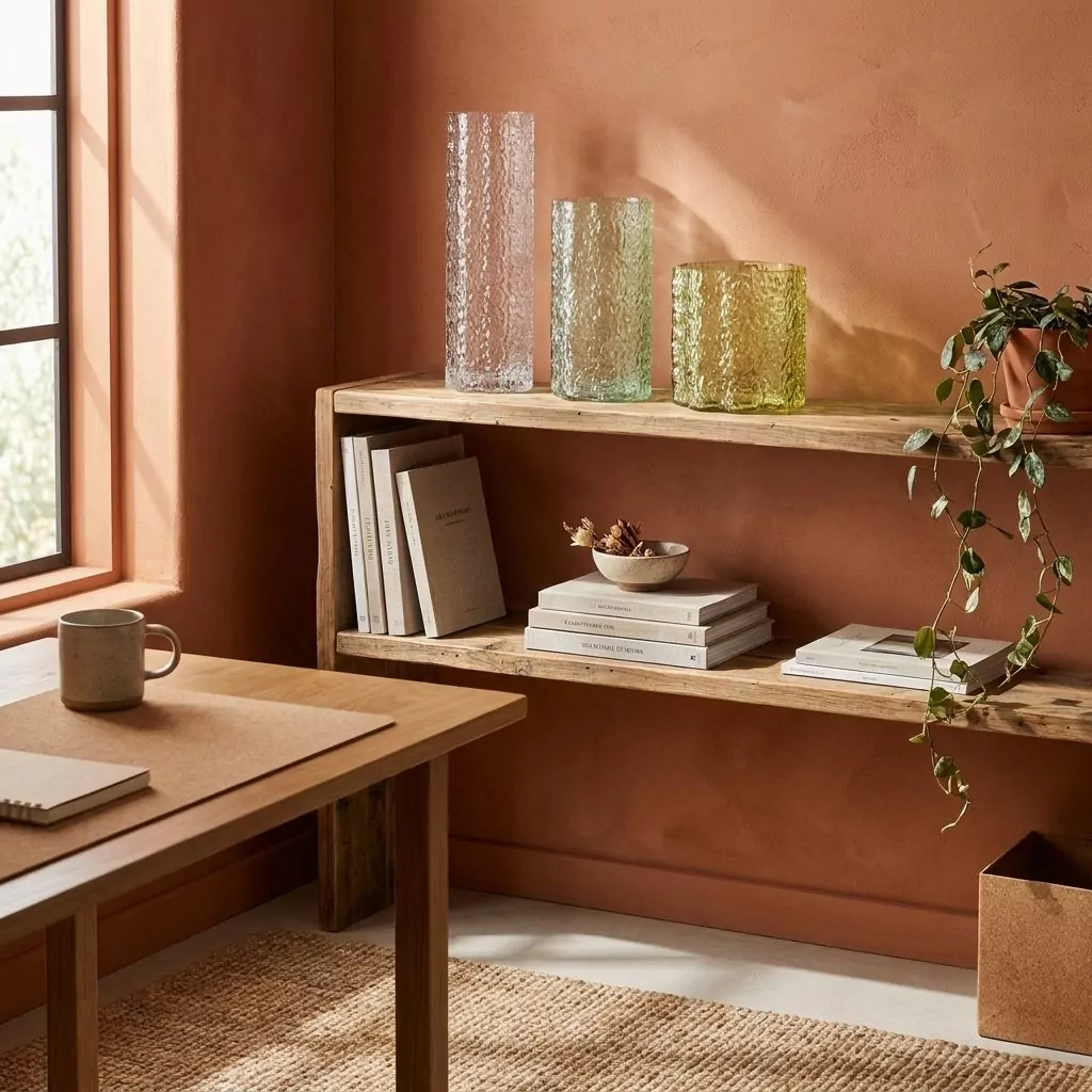 Trois vases en verre texturé vert et transparent sur une étagère en bois brut, mur terracotta et tapis tressé naturel
