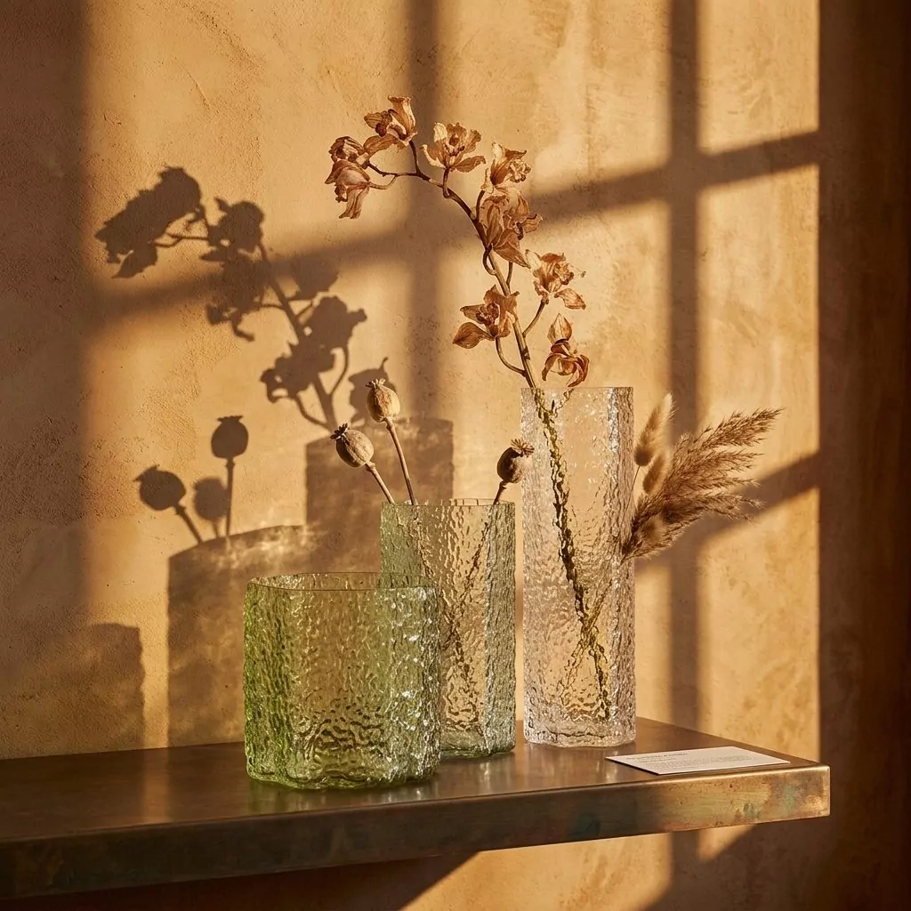 Trois vases en verre texturé vert et transparent garnis de tiges séchées, sur une tablette métallique, mur ocre ensoleillé