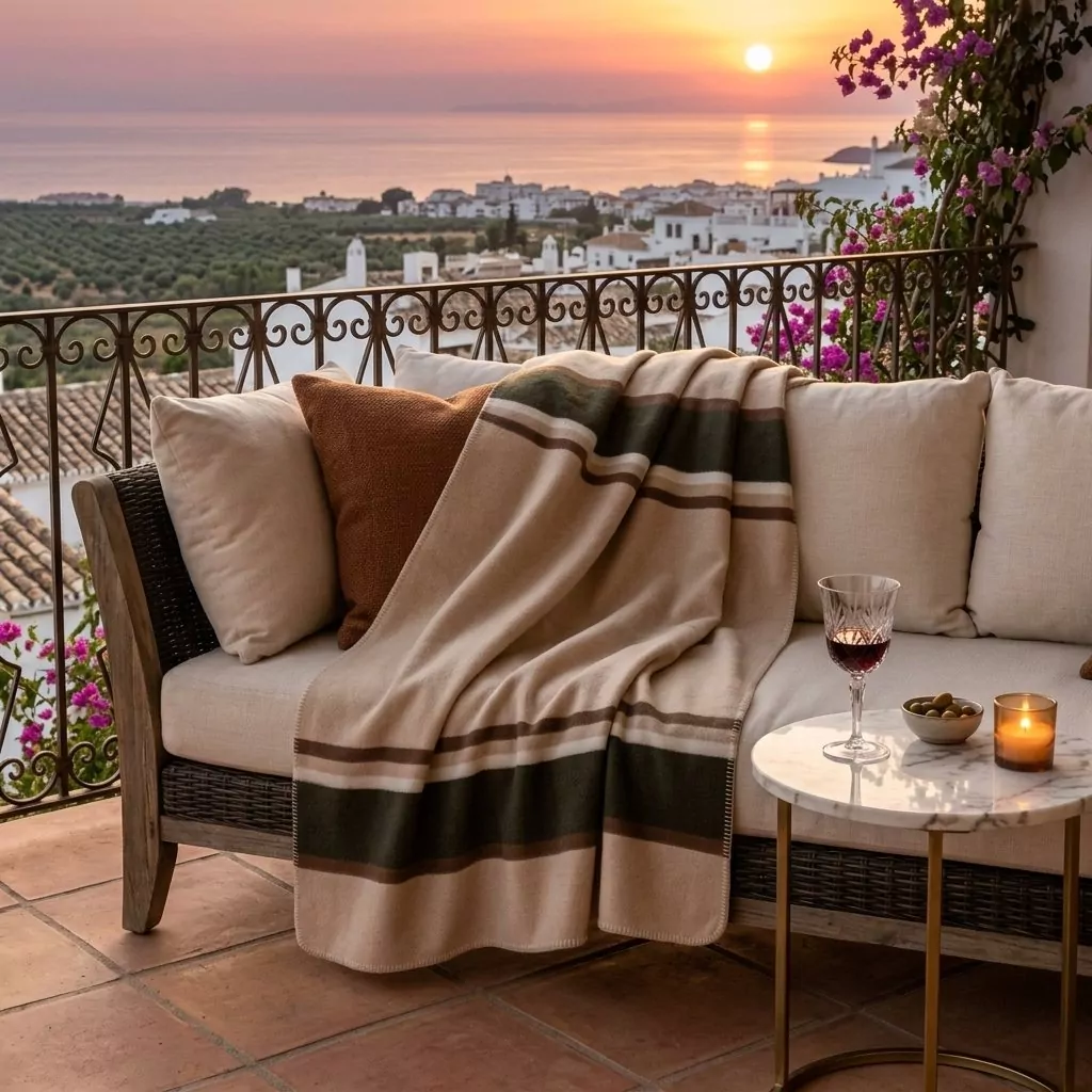 Plaid à bandes olive et caramel sur fond écru, drapé sur un canapé en rotin, terrasse au coucher de soleil sur la mer