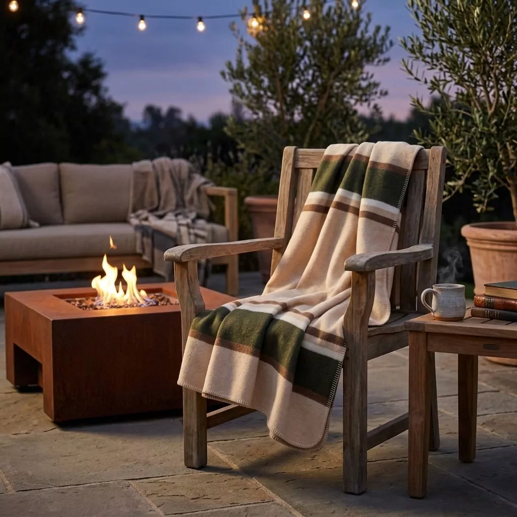 Plaid à bandes olive et caramel drapé sur un fauteuil en bois, terrasse au crépuscule, brasero et arbre en pot