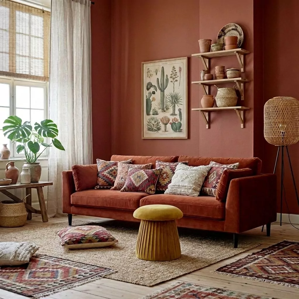 Pouf en velours moutarde dans un salon terracotta, canapé rouille, coussins à motifs et lampadaire en rotin