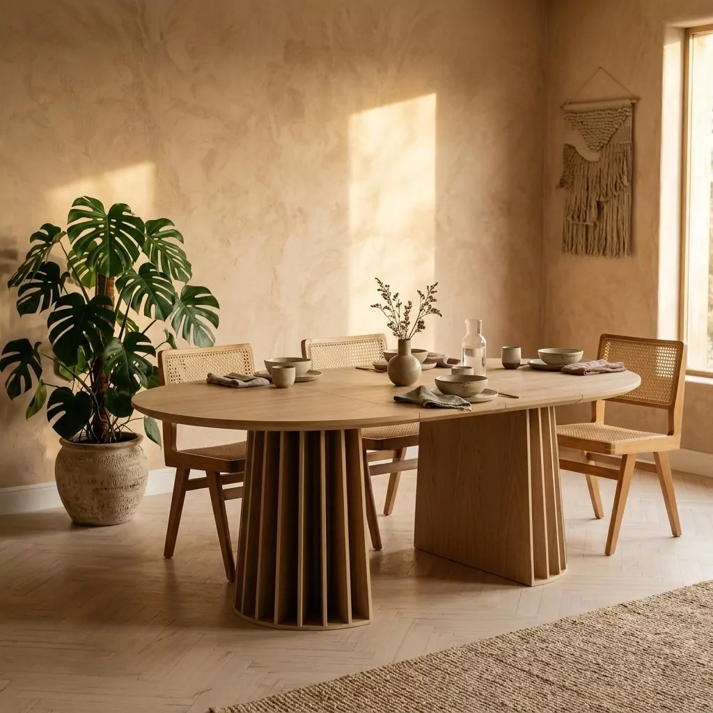 Table ovale rallongée en bois clair à pied cannelé, dressée dans une pièce aux murs en enduit terracotta, lumière chaude