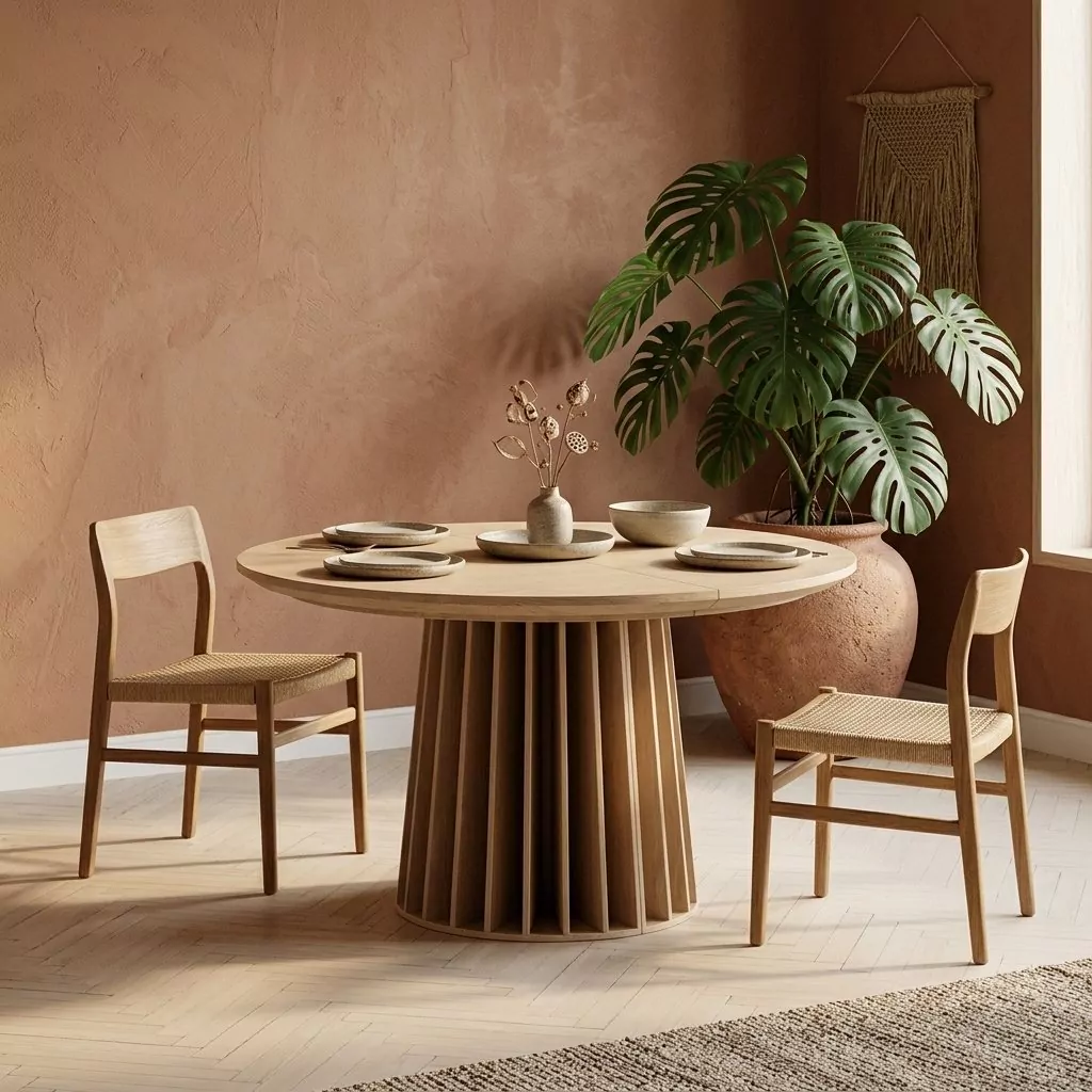 Table à manger ronde en bois clair au pied colonne cannelé, devant un mur terracotta et une grande plante verte