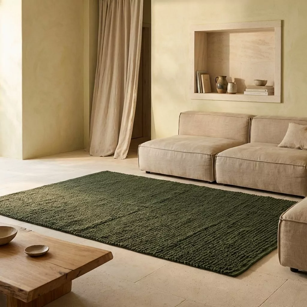 Tapis en jute vert mousse sur un sol clair, canapé en lin écru et mur en enduit ocre, intérieur méditerranéen épuré
