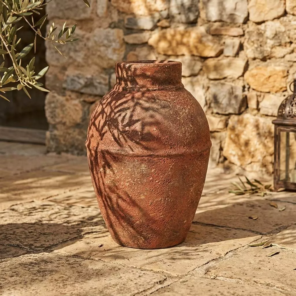 Vase amphore terracotta posé sur un dallage pierre, mur en pierres sèches dorées et branchages verts en arrière-plan