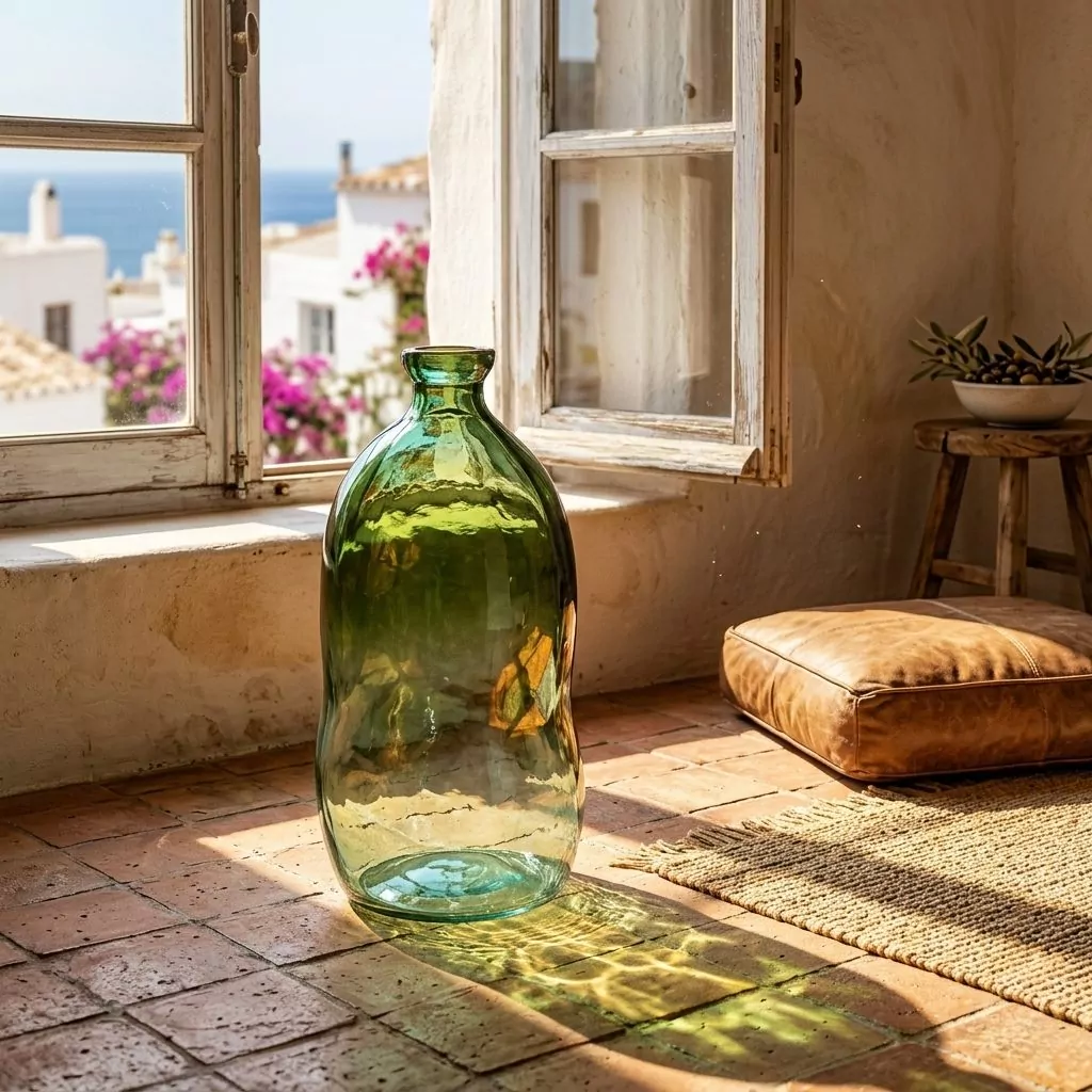 Grand vase de sol en verre vert translucide posé sur un sol en terre cuite, fenêtre ouverte sur un village méditerranéen
