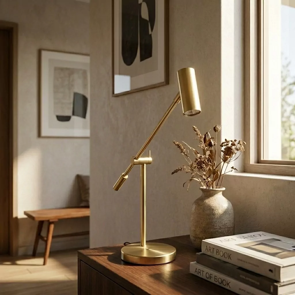 Lampe à poser en laiton poli doré sur une enfilade en noyer, mur beige, art abstrait encadré et bouquet séché