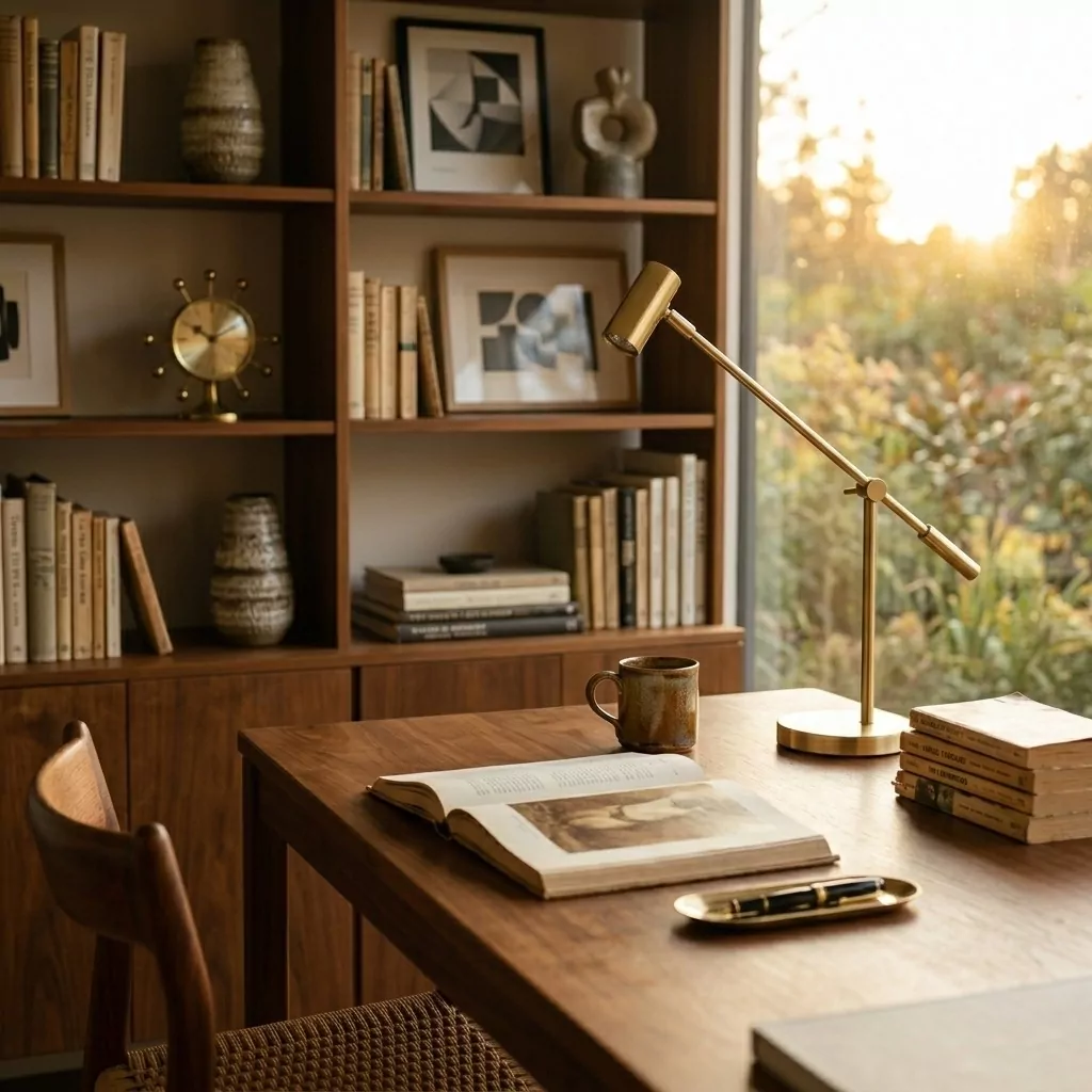 Lampe à poser en laiton doré sur un bureau en noyer, bibliothèque garnie de livres, horloge soleil et lumière chaude