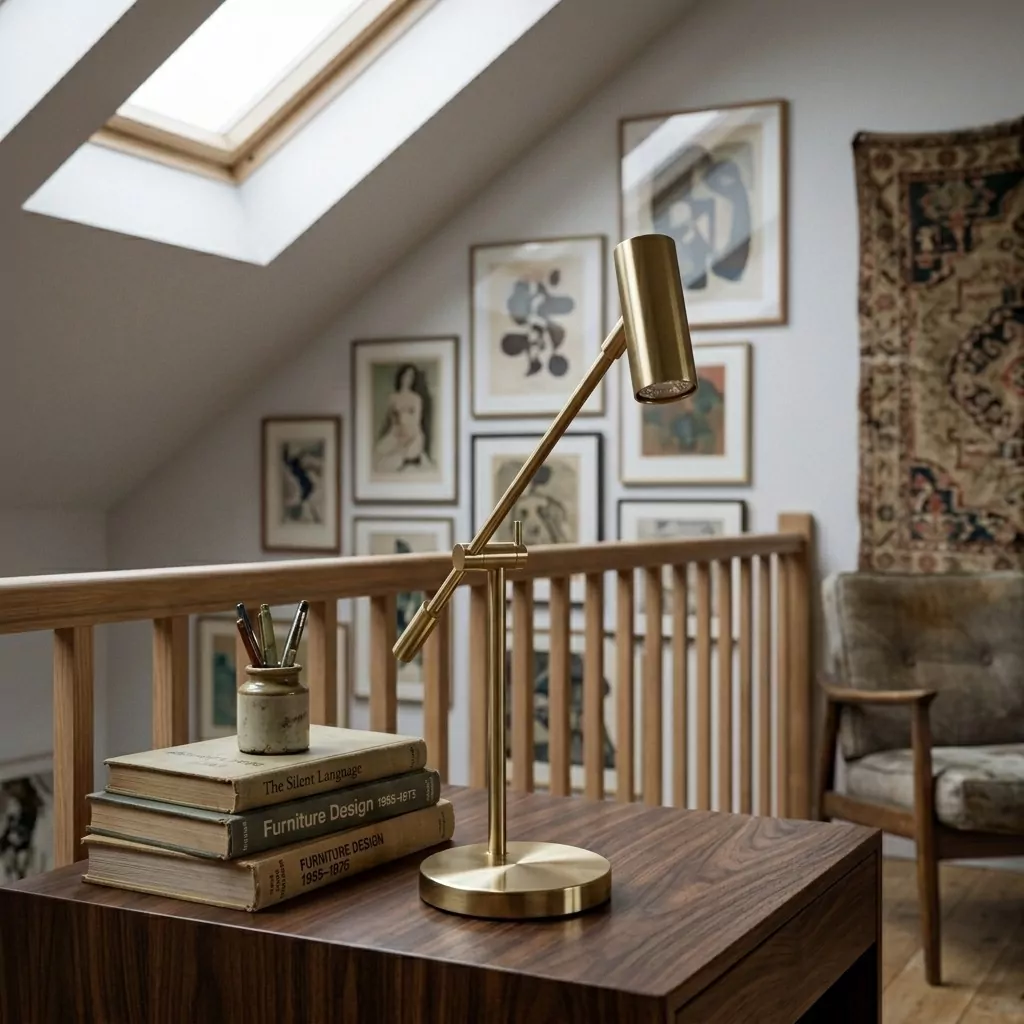 Lampe à poser en laiton doré sur un meuble en noyer, mur de cadres d'art et fauteuil en tissu sous une fenêtre de toit